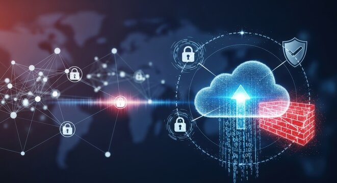 Abstract digital illustration of cloud computing and global network security with data protection and firewall defense. - Powered by Adobe