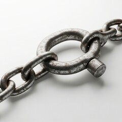 Obraz premium Closeup of a heavy, old metal chain with a secure link and shackle, isolated on a white background
