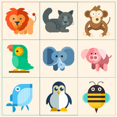 Flat illustration of nine cute animals including a lion, cat, monkey, parrot, elephant, pig, fish, penguin, and bee arranged in a 3x3 grid on a light background.