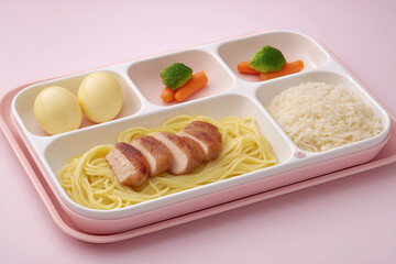 Hotel Buffet Tray with Mild Meal Selections – Plain Pasta, Rice, Chicken, and Steamed Vegetables
