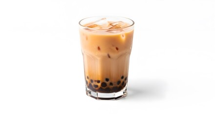 Two tall glasses of brown cola, one with ice, and a glass of white milk isolated on a white background