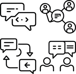 A set of four line art icons depicting various forms of communication, collaboration, and discussion in a digital context.