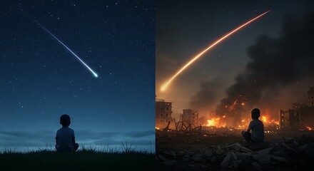 Innocence and destruction, a child watches a shooting star and a missile in a warzone diptych