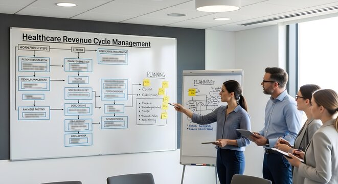 Healthcare team collaborating on revenue cycle management strategies. Business professionals analyzing workflows for optimization and efficiency. Illustrates planning and teamwork. - Powered by Adobe