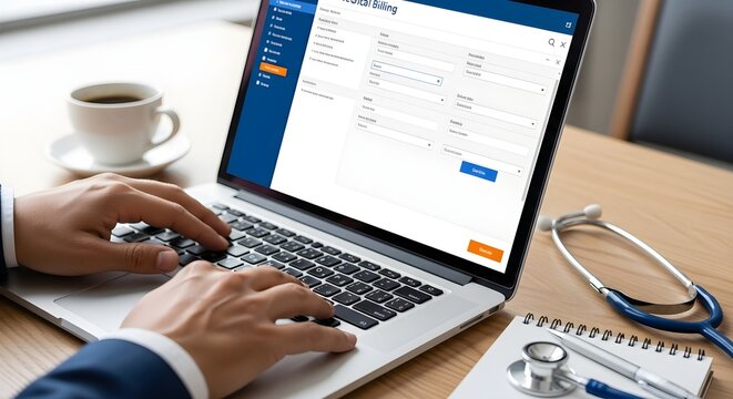 Healthcare professional working on a laptop with medical billing software. Focus on revenue cycle management and modern healthcare technology.