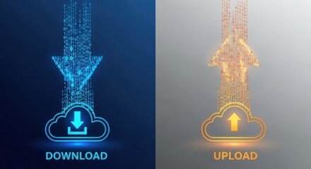Abstract visualization of data transfer with glowing blue download and orange upload cloud icons.