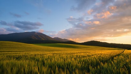 Fototapeta premium A scenic view of a wheat field with mountains in the background under a cloudy sky at sunset time