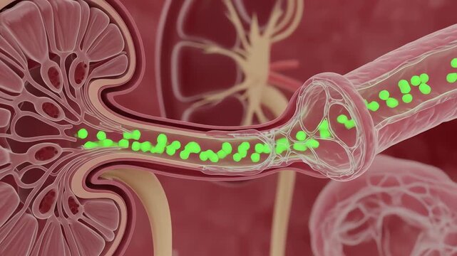 Detailed illustration of human kidney function showing blood flow and filtration process with highlighted elements