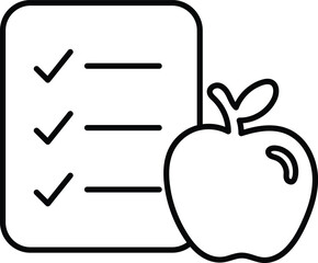 Healthy diet checklist icon, nutrition plan symbol, apple fruit with list graphic, wellness eating habits silhouette, meal planning with transparent background