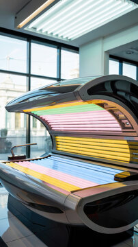 Trendy beauty studio with a high-tech collarium, minimal design and glowing light reflect new trends in skincare, concept of skincare