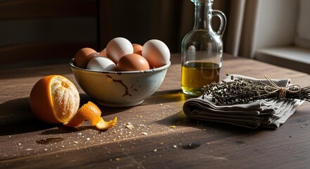 Eggs, oil, orange and lavendar cooking ingredients