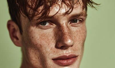 Redhead man with freckles and wet hair, close-up portrait on green background