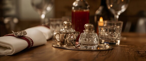 Fototapeta premium Elegant Table Setting: A beautifully arranged table setting, featuring crystal glassware, decorative salt and pepper shakers, a napkin, and a selection of drinks.