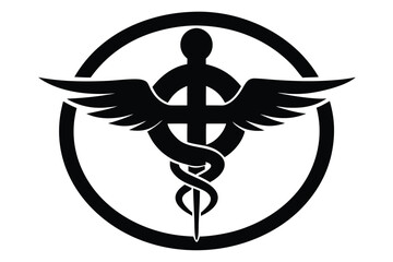Photo of caduceus symbol of medicine and health care, featuring a snake entwined around a winged staff, isolated on white background, perfect for medical design