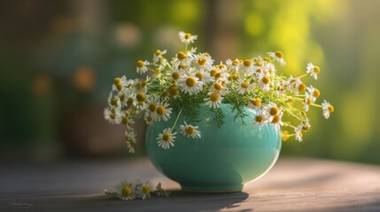 Fresh daisy bouquet in a ceramic vase bathed in morning light, with a soft pastel palette and bokeh background.