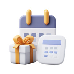 Obraz premium Colorful 3D Calendar with Gift Box and Calculator for Subscription Deal Concept