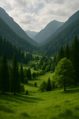 Fototapeta premium A serene, sun-dappled green valley nestled between majestic, pine-covered mountains under a soft, cloudy sky, an idyllic alpine landscape