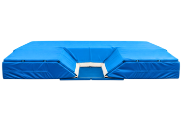 Blue safety landing mat for high jump or pole vault events isolated on a transparent background