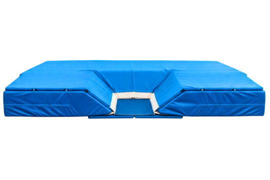 Blue safety landing mat for high jump or pole vault events isolated on a transparent background - Powered by Adobe