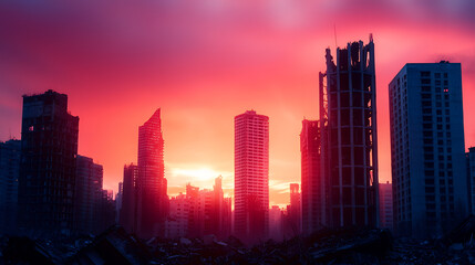 Fototapeta premium Dramatic sunset illuminates city skyline with partially destroyed skyscrapers, creating haunting yet beautiful atmosphere