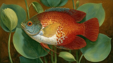 Vibrant red fish amidst water lilies