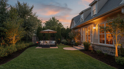Obraz premium Aesthetic backyard at golden hour with warm garden lights, outdoor furniture, and perfect home exterior inspiration 4k image