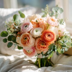 Obraz premium Elegant bouquet of pastel ranunculus flowers arranged in a soft, natural setting with delicate greenery, creating a romantic and serene atmosphere for various designs.