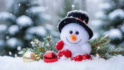 A plush snowman with a black hat and christmas ornaments in a snowy outdoor winter wonderland scene