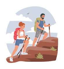 Flat style vector illustration of a man and woman hiking on a rocky mountain trail with backpacks. Outdoor adventure, healthy lifestyle