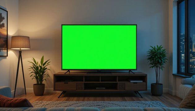 The interior of a chic loft apartment featuring a TV set and a green screen mock-up display on a television stand.  A vacant living room at home, including a chroma key placeholder on the screen.  A n