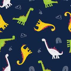 Cute cartoon dinosaurs seamless pattern with cloud, star and rainbow. Vector illustration for textile, bedding, apparel, print, wrapping paper, clothing, background and others