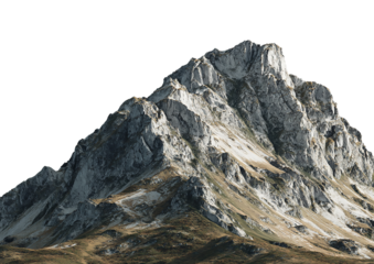 Majestic mountain peak with rugged rock formations, isolated on transparent background, offering a breathtaking view of nature