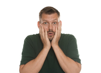 Man suffering from panic attack on white background