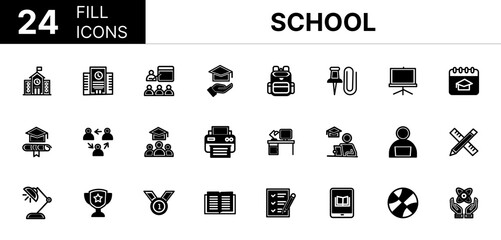 Collection of 24 School fill icons featuring editable strokes. These outline icons depict various modes of School, Study, Education, Back to School, Icon, Book, Classroom, Diploma, Learning,