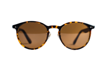 Round tortoiseshell sunglasses with brown lenses isolated on transparent background, a stylish and retro fashion accessory