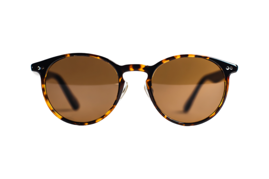Round tortoiseshell sunglasses with brown lenses isolated on transparent background, a stylish and retro fashion accessory