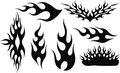 Flame tattoo silhouettes. motorcycle and hot rod car style. Old school, retro tattoos. Black and white flame silhouette and outline style. Retro fire aesthetics, with flames. Vector set
