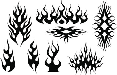 Flame tattoo silhouettes. motorcycle and hot rod car style. Old school, retro tattoos. Black and white flame silhouette and outline style. Retro fire aesthetics, with flames. Vector set
