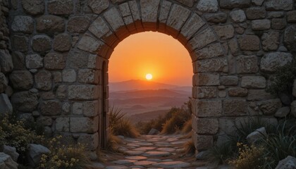 Fototapeta premium View of an Orange Sunset Through an Old Stone Doorway