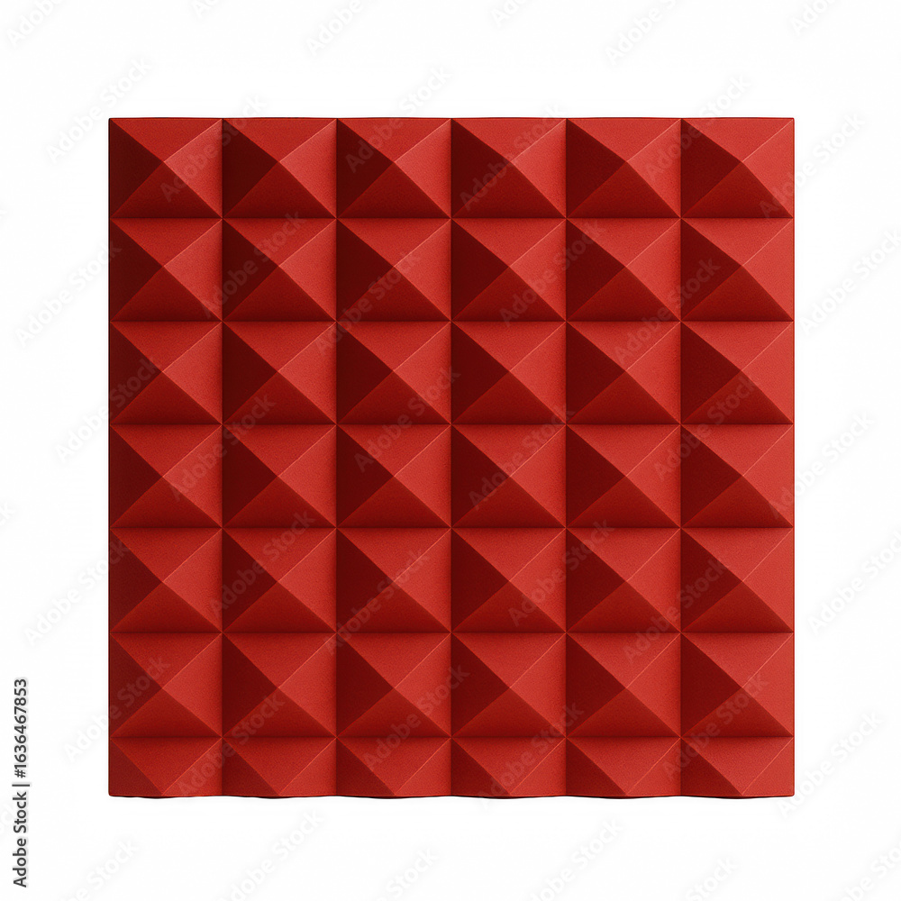 Poster textured red pyramidal surface with dramatic lighting and deep shadows, abstract geometric pattern