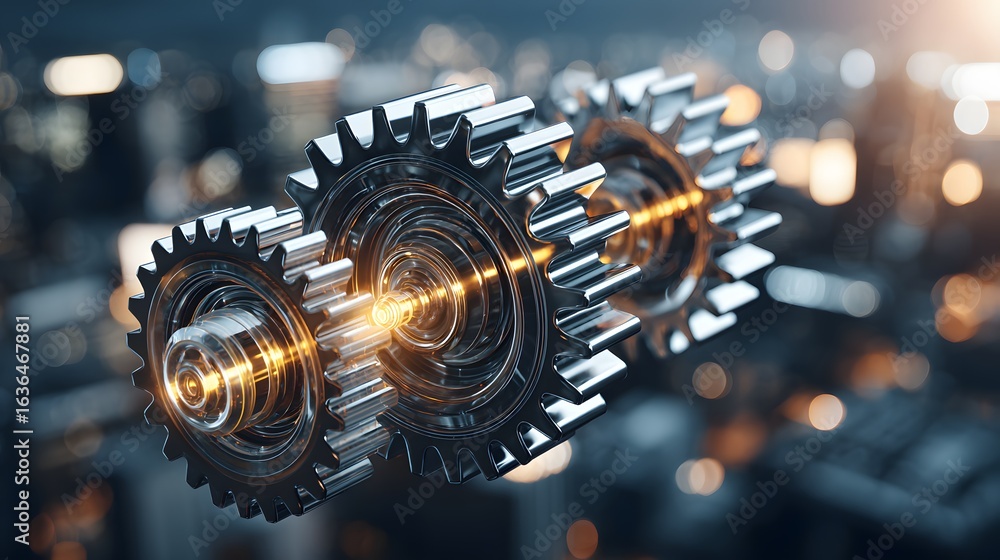 Poster interlocking gears in a technological setting.