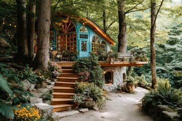 Fototapeta premium Enchanted forest cottage with vibrant colors, lush greenery, decorative flowers, wooden staircase, and a cozy atmosphere for nature lovers and tranquility seekers