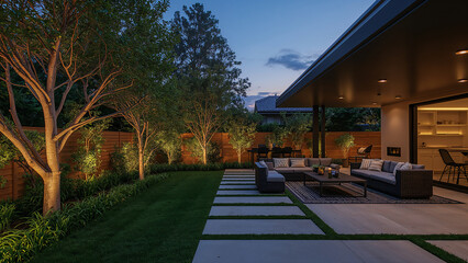 Fototapeta premium Cozy backyard at sunset with glowing garden lights, modern outdoor furniture, peaceful home patio and evening chill mood 4k image