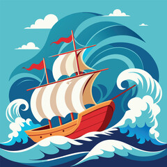 sail ship riding a high wave