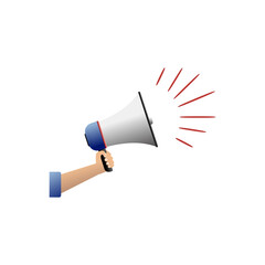 Hand holds a megaphone on a light background.