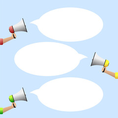 Hand holding a megaphone for communication through text bubbles.