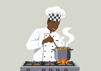 Smiling Chef Stirring a Pot on the Stove