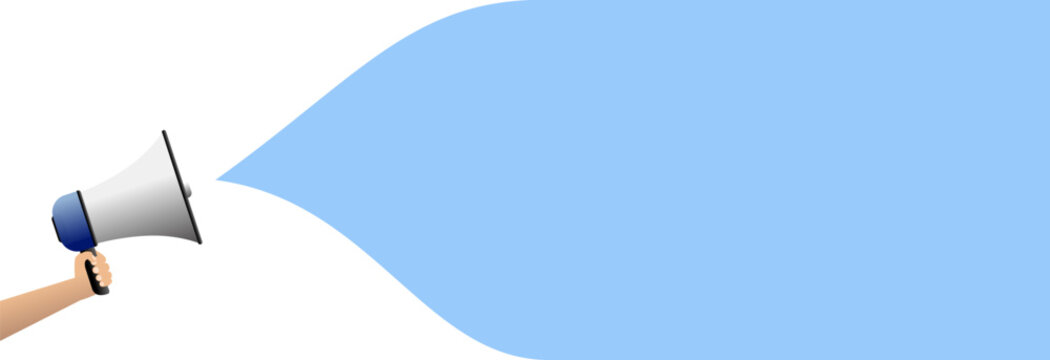 A hand holds a megaphone announcing a key event or advertisement.