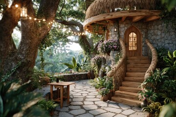 Enchanting Garden Cottage Surrounded by Lush Greenery and Vibrant Flower Pots, Inviting Steps to Cozy Porch, Ideal for Nature Lovers and Dreamers