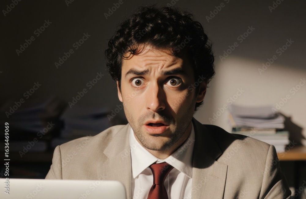Poster man with surprised expression working on a laptop in an office setting